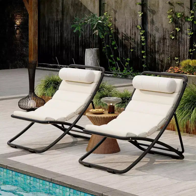 ModernLuxe 2pcs Outdoor Folding Chair Rattan-Wrapped Patio Lounge Chair, Sling Chair with Adjustable Backrest, Thick Cushion & Headrest