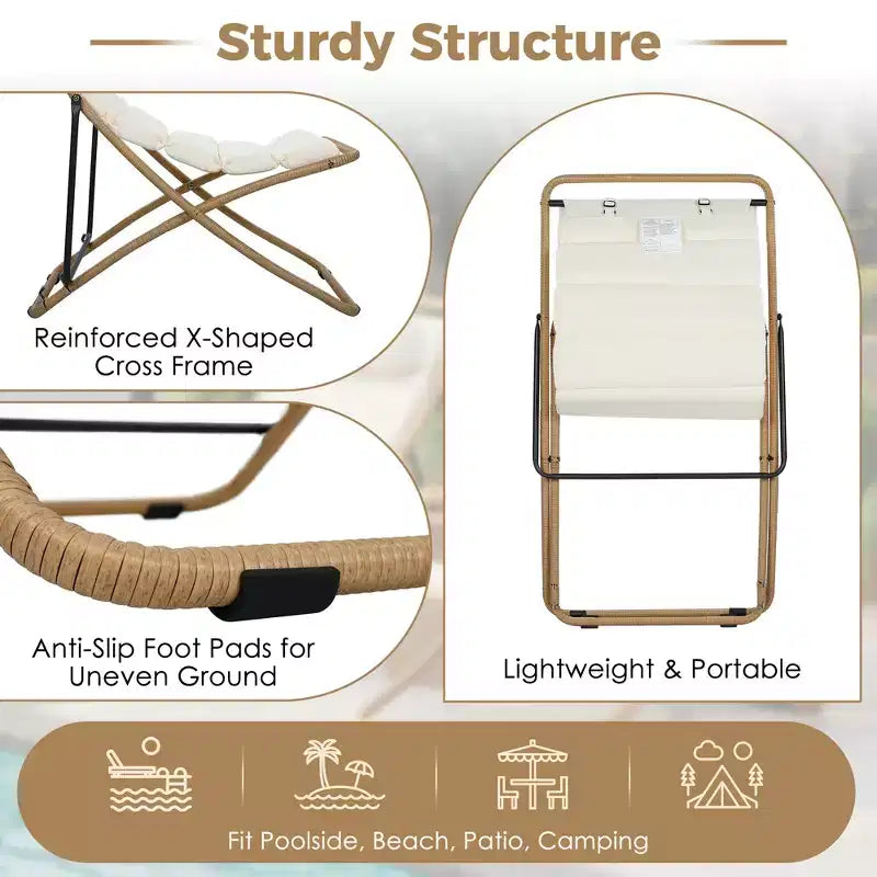 ModernLuxe 2pcs Outdoor Folding Chair Rattan-Wrapped Patio Lounge Chair, Sling Chair with Adjustable Backrest, Thick Cushion & Headrest