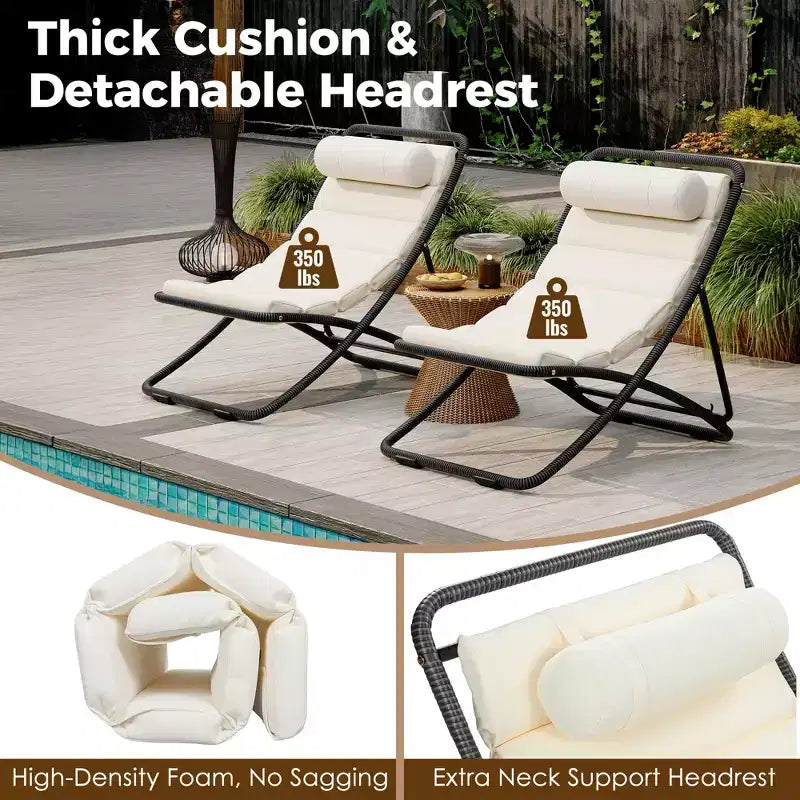 ModernLuxe 2pcs Outdoor Folding Chair Rattan-Wrapped Patio Lounge Chair, Sling Chair with Adjustable Backrest, Thick Cushion & Headrest
