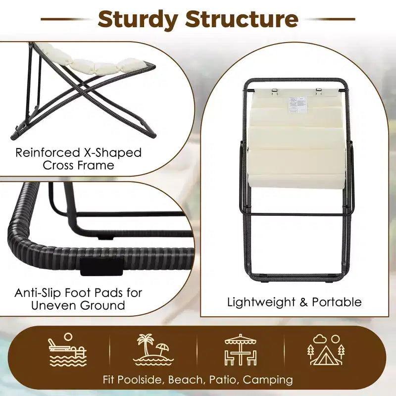ModernLuxe 2pcs Outdoor Folding Chair Rattan-Wrapped Patio Lounge Chair, Sling Chair with Adjustable Backrest, Thick Cushion & Headrest