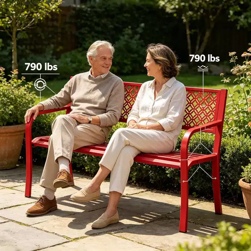 Outdoor Steel Bench Chair 2-Person with Geometric Backrest, 790 LBS Capacity Weather-Resistant Metal Garden Bench for Porch, Yard, Balcony & Entryway