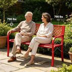 Outdoor Steel Bench Chair 2-Person with Geometric Backrest, 790 LBS Capacity Weather-Resistant Metal Garden Bench for Porch, Yard, Balcony & Entryway