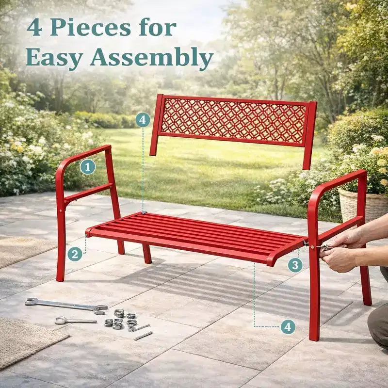 Outdoor Steel Bench Chair 2-Person with Geometric Backrest, 790 LBS Capacity Weather-Resistant Metal Garden Bench for Porch, Yard, Balcony & Entryway