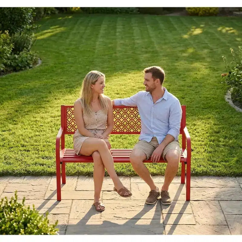 Outdoor Steel Bench Chair 2-Person with Geometric Backrest, 790 LBS Capacity Weather-Resistant Metal Garden Bench for Porch, Yard, Balcony & Entryway