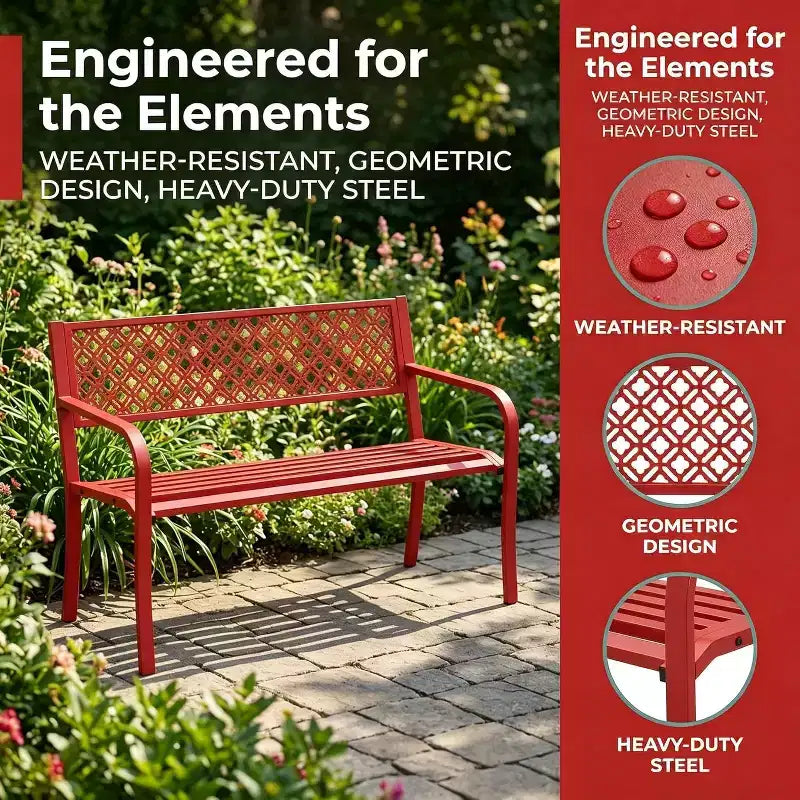 Outdoor Steel Bench Chair 2-Person with Geometric Backrest, 790 LBS Capacity Weather-Resistant Metal Garden Bench for Porch, Yard, Balcony & Entryway