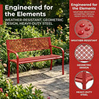 Outdoor Steel Bench Chair 2-Person with Geometric Backrest, 790 LBS Capacity Weather-Resistant Metal Garden Bench for Porch, Yard, Balcony & Entryway