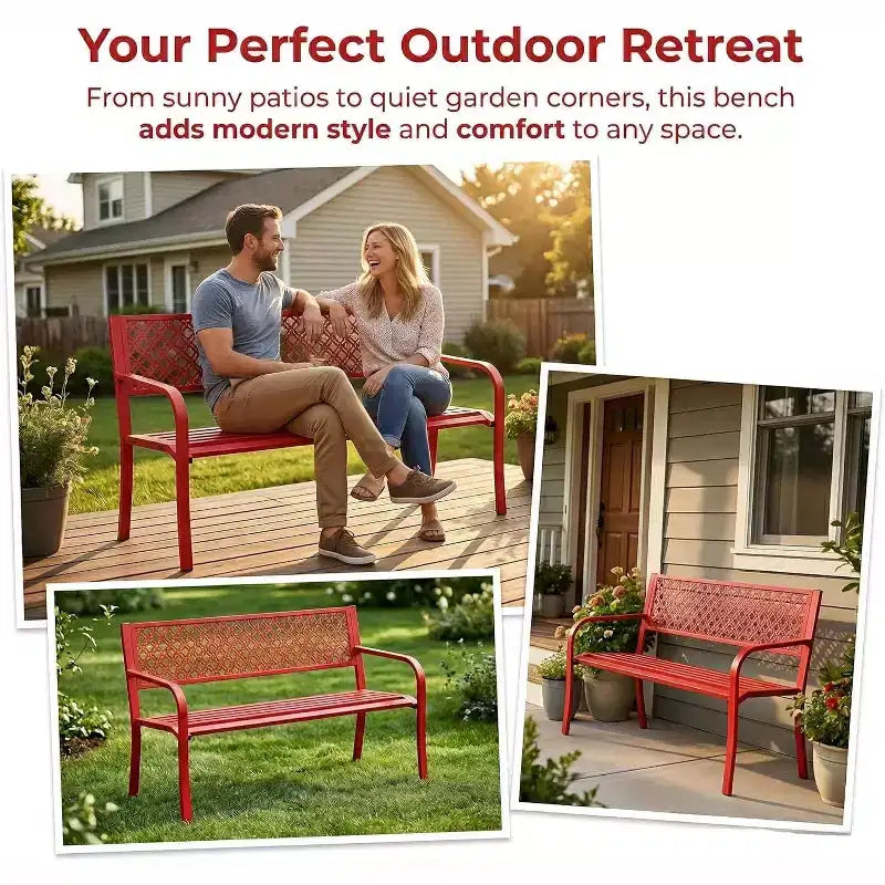 Outdoor Steel Bench Chair 2-Person with Geometric Backrest, 790 LBS Capacity Weather-Resistant Metal Garden Bench for Porch, Yard, Balcony & Entryway