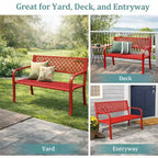Outdoor Steel Bench Chair 2-Person with Geometric Backrest, 790 LBS Capacity Weather-Resistant Metal Garden Bench for Porch, Yard, Balcony & Entryway