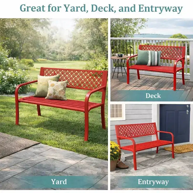 Outdoor Steel Bench Chair 2-Person with Geometric Backrest, 790 LBS Capacity Weather-Resistant Metal Garden Bench for Porch, Yard, Balcony & Entryway