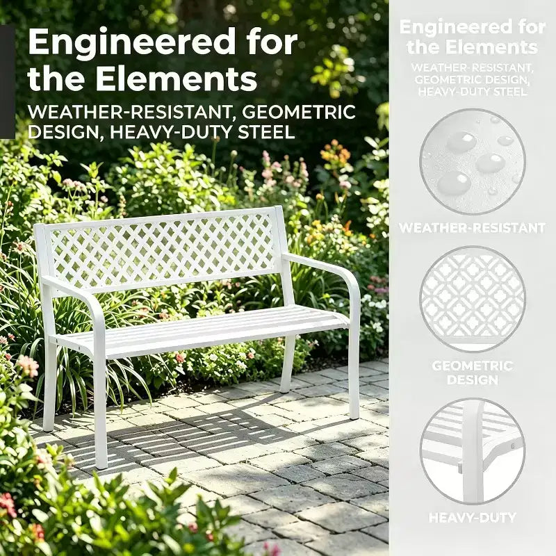 Outdoor Steel Bench Chair 2-Person with Geometric Backrest, 790 LBS Capacity Weather-Resistant Metal Garden Bench for Porch, Yard, Balcony & Entryway