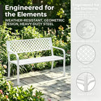 Outdoor Steel Bench Chair 2-Person with Geometric Backrest, 790 LBS Capacity Weather-Resistant Metal Garden Bench for Porch, Yard, Balcony & Entryway