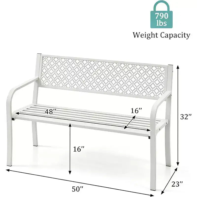 Outdoor Steel Bench Chair 2-Person with Geometric Backrest, 790 LBS Capacity Weather-Resistant Metal Garden Bench for Porch, Yard, Balcony & Entryway