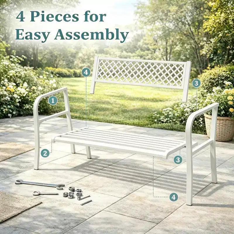 Outdoor Steel Bench Chair 2-Person with Geometric Backrest, 790 LBS Capacity Weather-Resistant Metal Garden Bench for Porch, Yard, Balcony & Entryway