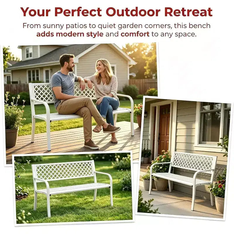 Outdoor Steel Bench Chair 2-Person with Geometric Backrest, 790 LBS Capacity Weather-Resistant Metal Garden Bench for Porch, Yard, Balcony & Entryway