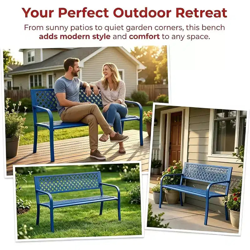 Outdoor Steel Bench Chair 2-Person with Geometric Backrest, 790 LBS Capacity Weather-Resistant Metal Garden Bench for Porch, Yard, Balcony & Entryway