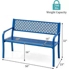 Outdoor Steel Bench Chair 2-Person with Geometric Backrest, 790 LBS Capacity Weather-Resistant Metal Garden Bench for Porch, Yard, Balcony & Entryway