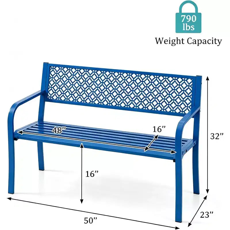 Outdoor Steel Bench Chair 2-Person with Geometric Backrest, 790 LBS Capacity Weather-Resistant Metal Garden Bench for Porch, Yard, Balcony & Entryway