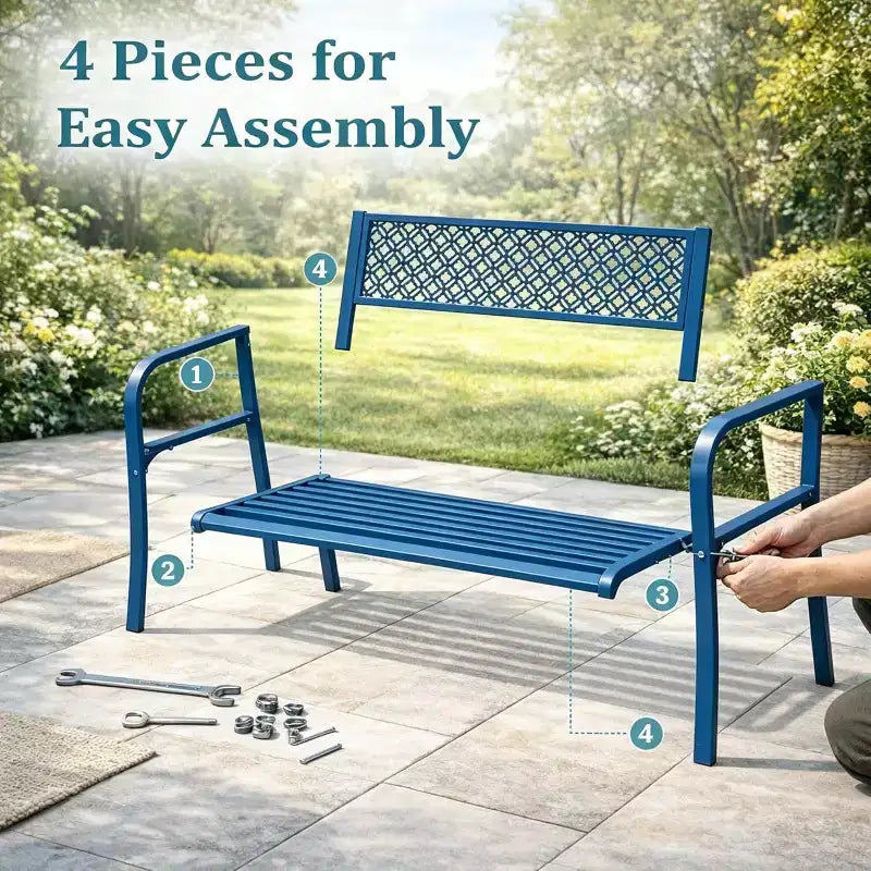 Outdoor Steel Bench Chair 2-Person with Geometric Backrest, 790 LBS Capacity Weather-Resistant Metal Garden Bench for Porch, Yard, Balcony & Entryway