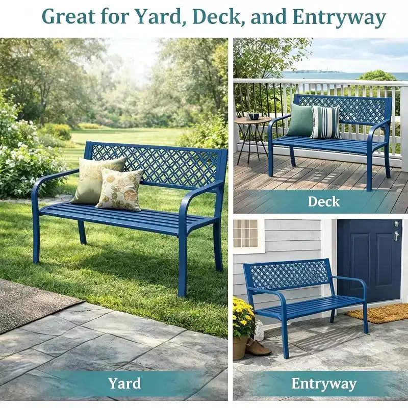 Outdoor Steel Bench Chair 2-Person with Geometric Backrest, 790 LBS Capacity Weather-Resistant Metal Garden Bench for Porch, Yard, Balcony & Entryway