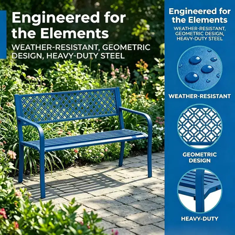 Outdoor Steel Bench Chair 2-Person with Geometric Backrest, 790 LBS Capacity Weather-Resistant Metal Garden Bench for Porch, Yard, Balcony & Entryway