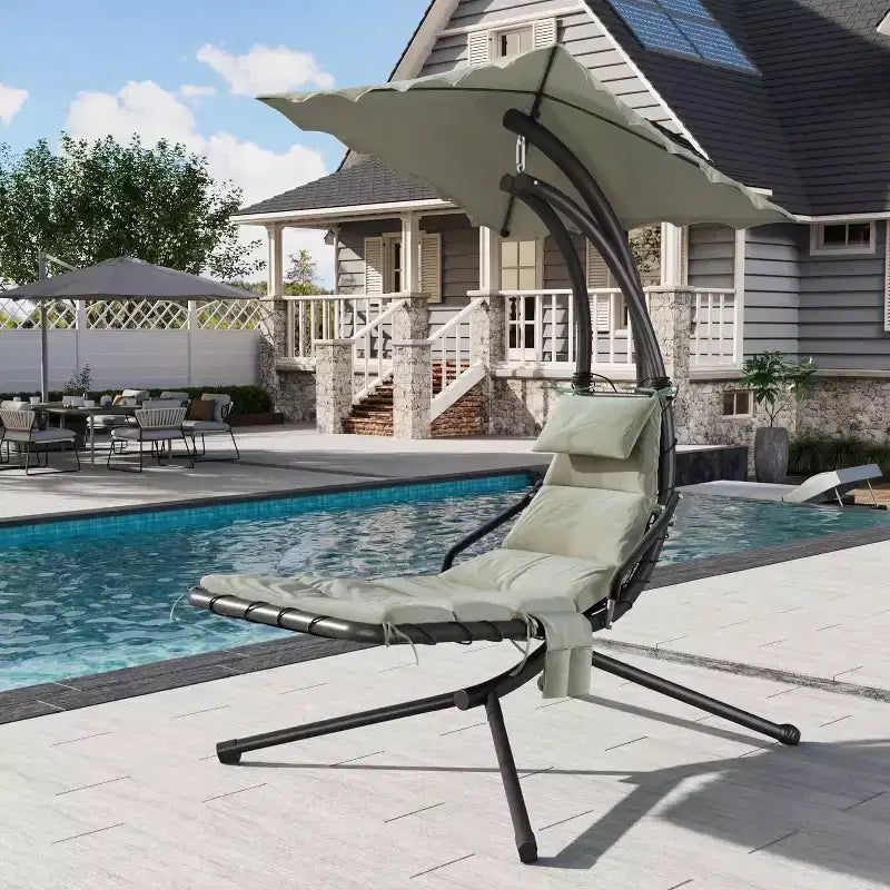 Sedia a dondolo Chaise Lounger con ombrello parasole, Sedia sospesa da patio con supporto, Sedie a sdraio curve in acciaio per interni, patio, piscina, giardino, cortile, portico