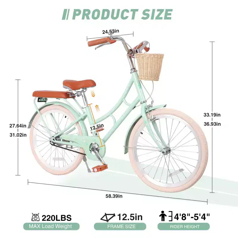 NAYSAYE Bicicletta Beach Cruiser da ragazza con cestino anteriore e robusto telaio in acciaio per un comodo pendolarismo in città, verde, 58,39*24,53*36,93