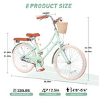 NAYSAYE Bicicletta Beach Cruiser da ragazza con cestino anteriore e robusto telaio in acciaio per un comodo pendolarismo in città, verde, 58,39*24,53*36,93