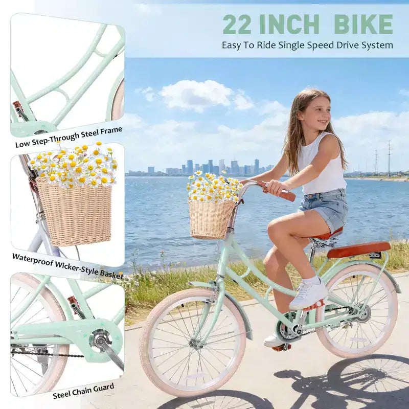 NAYSAYE Bicicletta Beach Cruiser da ragazza con cestino anteriore e robusto telaio in acciaio per un comodo pendolarismo in città, verde, 58,39*24,53*36,93