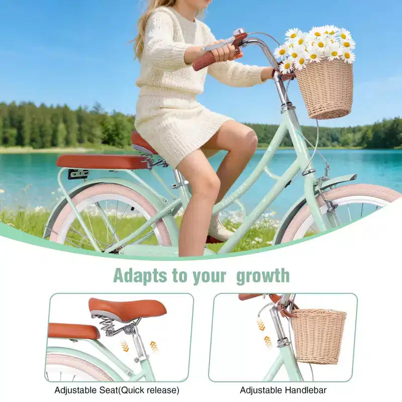 NAYSAYE Bicicletta Beach Cruiser da ragazza con cestino anteriore e robusto telaio in acciaio per un comodo pendolarismo in città, verde, 58,39*24,53*36,93