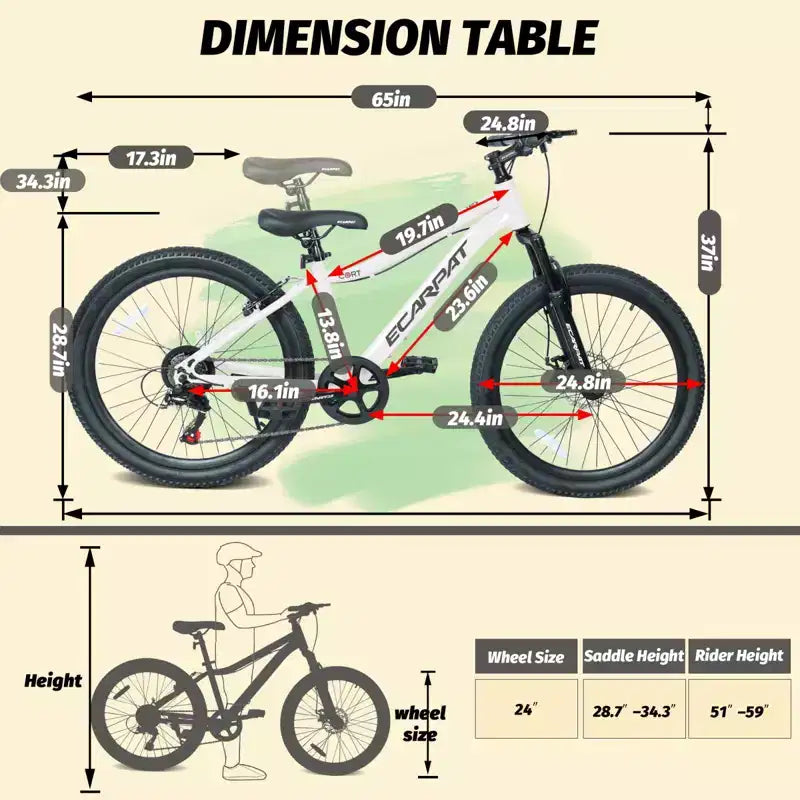 NAYSAYE Bicicletta Mountain Bike per Ragazzi 24 Pollici con 7 Velocità Sospensione Anteriore Freni a Disco per Ciclismo all'aperto, Bianco, 51.5*8*26.37