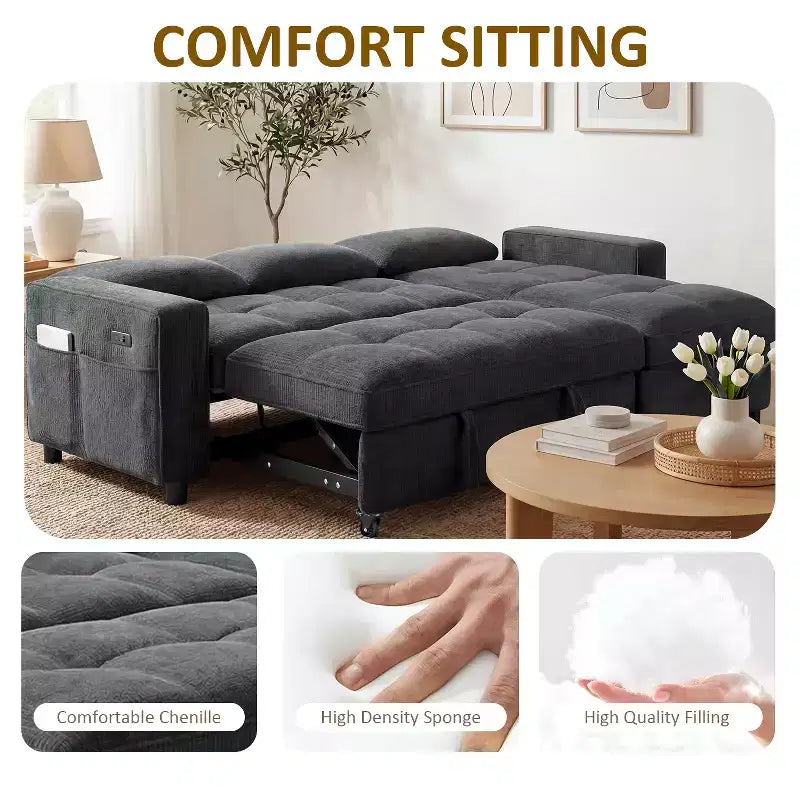 Dyonery Sleeper Sofa Bed, 81 L-Shaped Pull Out Couch Bed with Reversible Storage Chaise/USB Port/Side Pocket/Tool-Free Assembly Corduroy Beige