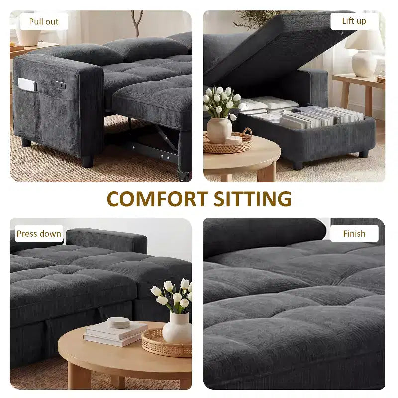 Dyonery Sleeper Sofa Bed, 81 L-Shaped Pull Out Couch Bed with Reversible Storage Chaise/USB Port/Side Pocket/Tool-Free Assembly Corduroy Beige