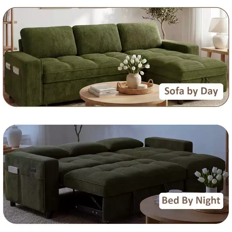 Dyonery Sleeper Sofa Bed, 81 L-Shaped Pull Out Couch Bed with Reversible Storage Chaise/USB Port/Side Pocket/Tool-Free Assembly Corduroy Beige