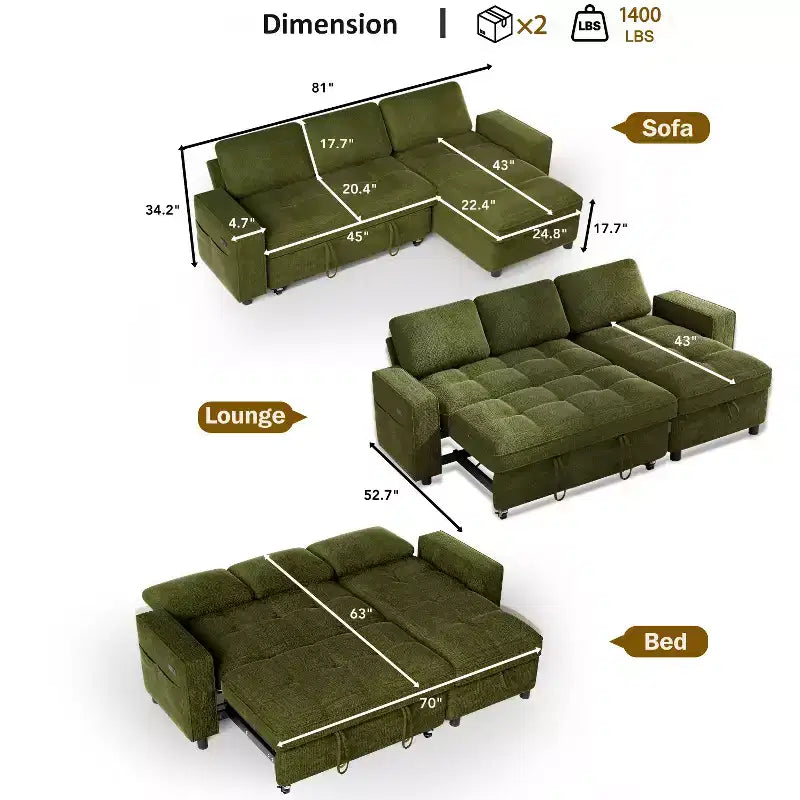 Dyonery Sleeper Sofa Bed, 81 L-Shaped Pull Out Couch Bed with Reversible Storage Chaise/USB Port/Side Pocket/Tool-Free Assembly Corduroy Beige