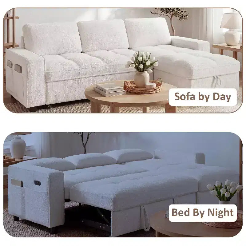 Dyonery Sleeper Sofa Bed, 81 L-Shaped Pull Out Couch Bed with Reversible Storage Chaise/USB Port/Side Pocket/Tool-Free Assembly Corduroy Beige