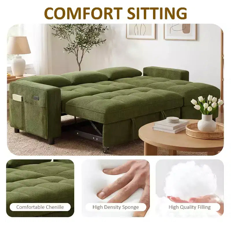 Dyonery Sleeper Sofa Bed, 81 L-Shaped Pull Out Couch Bed with Reversible Storage Chaise/USB Port/Side Pocket/Tool-Free Assembly Corduroy Beige