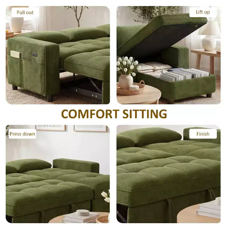 Dyonery Sleeper Sofa Bed, 81 L-Shaped Pull Out Couch Bed with Reversible Storage Chaise/USB Port/Side Pocket/Tool-Free Assembly Corduroy Beige