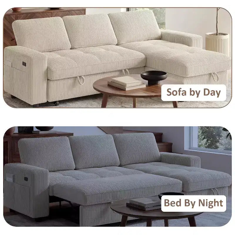 Dyonery Sleeper Sofa Bed, 81 L-Shaped Pull Out Couch Bed with Reversible Storage Chaise/USB Port/Side Pocket/Tool-Free Assembly Corduroy Beige