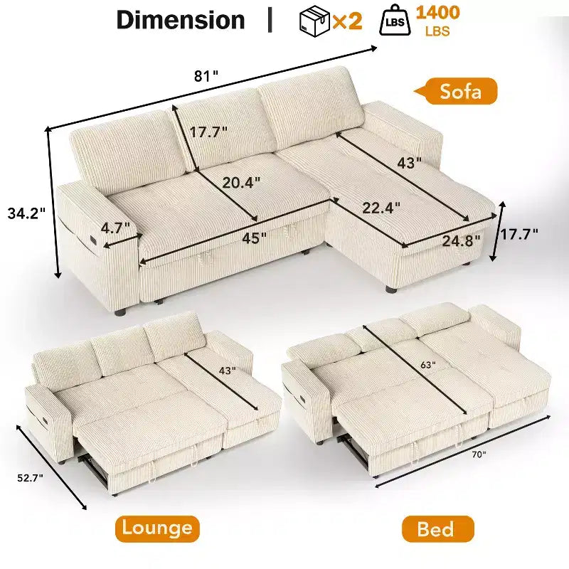 Dyonery Sleeper Sofa Bed, 81 L-Shaped Pull Out Couch Bed with Reversible Storage Chaise/USB Port/Side Pocket/Tool-Free Assembly Corduroy Beige