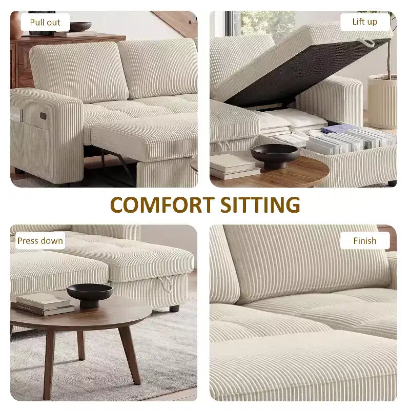 Dyonery Sleeper Sofa Bed, 81 L-Shaped Pull Out Couch Bed with Reversible Storage Chaise/USB Port/Side Pocket/Tool-Free Assembly Corduroy Beige