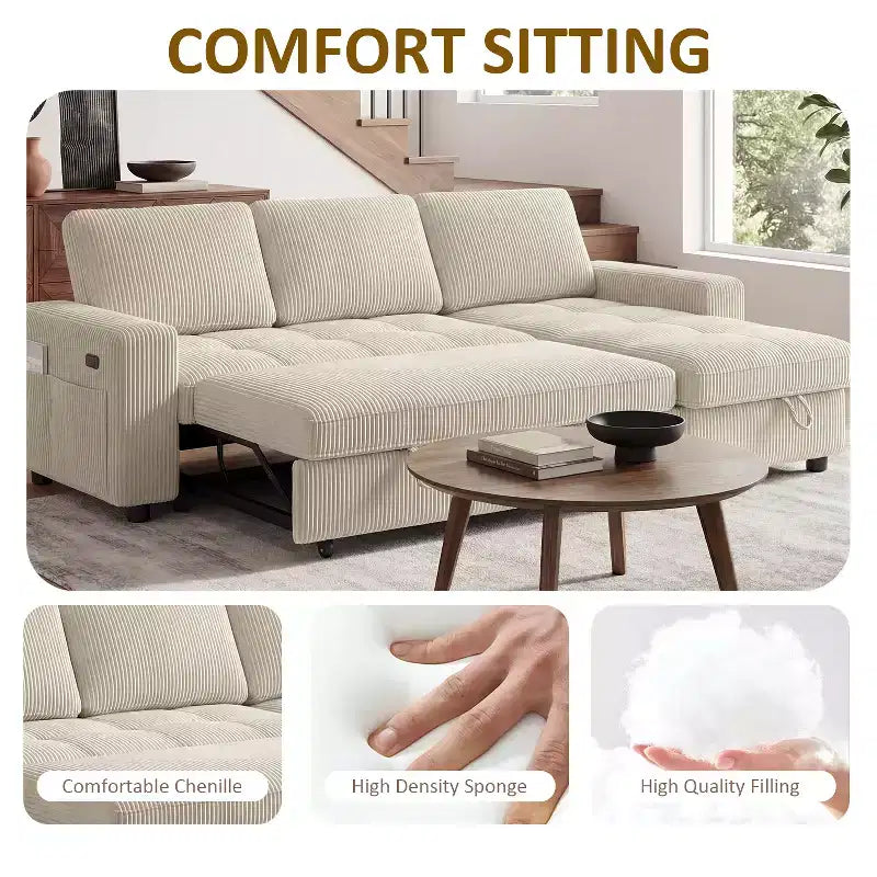 Dyonery Sleeper Sofa Bed, 81 L-Shaped Pull Out Couch Bed with Reversible Storage Chaise/USB Port/Side Pocket/Tool-Free Assembly Corduroy Beige