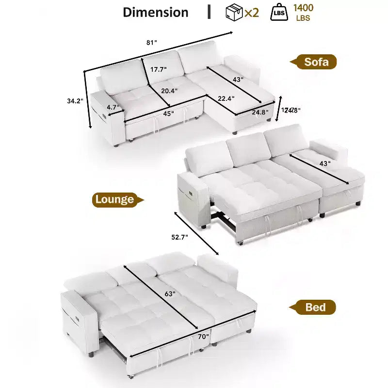 Dyonery Sleeper Sofa Bed, 81 L-Shaped Pull Out Couch Bed with Reversible Storage Chaise/USB Port/Side Pocket/Tool-Free Assembly Corduroy Beige