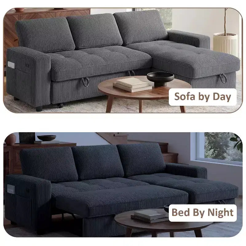 Dyonery Sleeper Sofa Bed, 81 L-Shaped Pull Out Couch Bed with Reversible Storage Chaise/USB Port/Side Pocket/Tool-Free Assembly Corduroy Beige