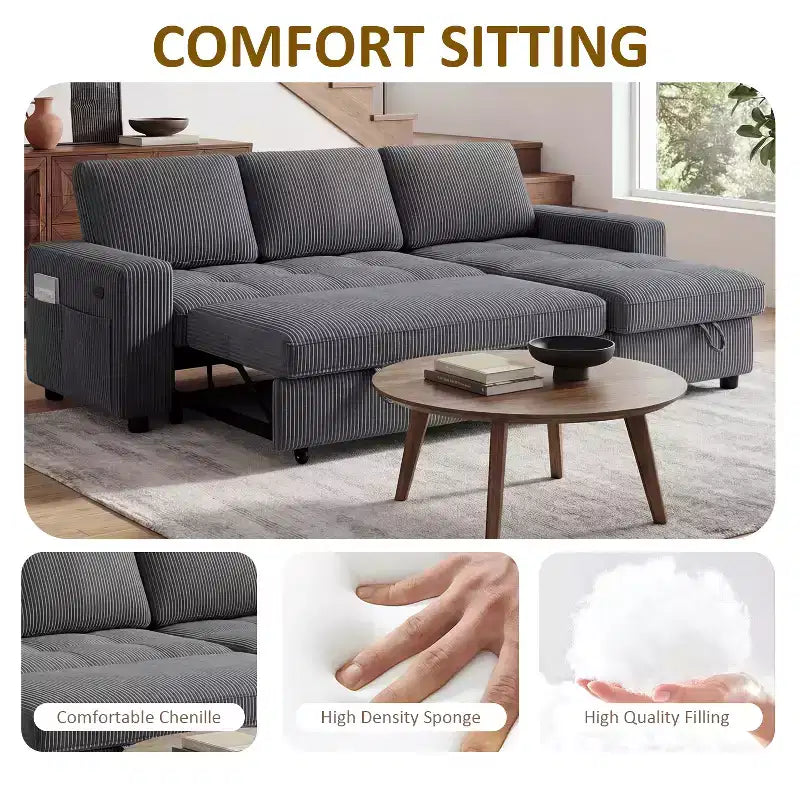 Dyonery Sleeper Sofa Bed, 81 L-Shaped Pull Out Couch Bed with Reversible Storage Chaise/USB Port/Side Pocket/Tool-Free Assembly Corduroy Beige