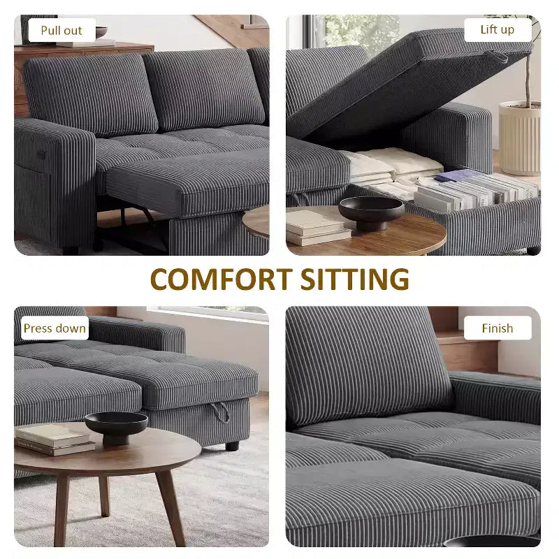 Dyonery Sleeper Sofa Bed, 81 L-Shaped Pull Out Couch Bed with Reversible Storage Chaise/USB Port/Side Pocket/Tool-Free Assembly Corduroy Beige
