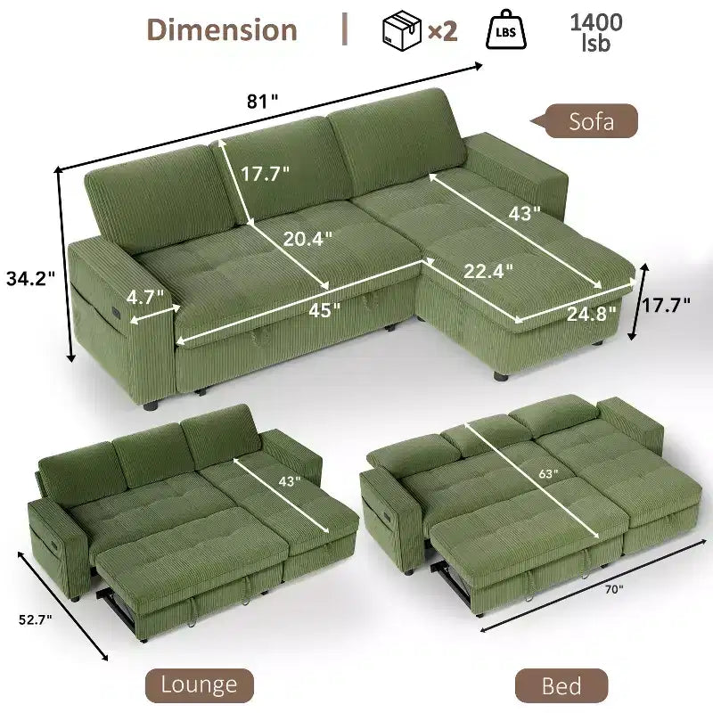 Dyonery Sleeper Sofa Bed, 81 L-Shaped Pull Out Couch Bed with Reversible Storage Chaise/USB Port/Side Pocket/Tool-Free Assembly Corduroy Beige