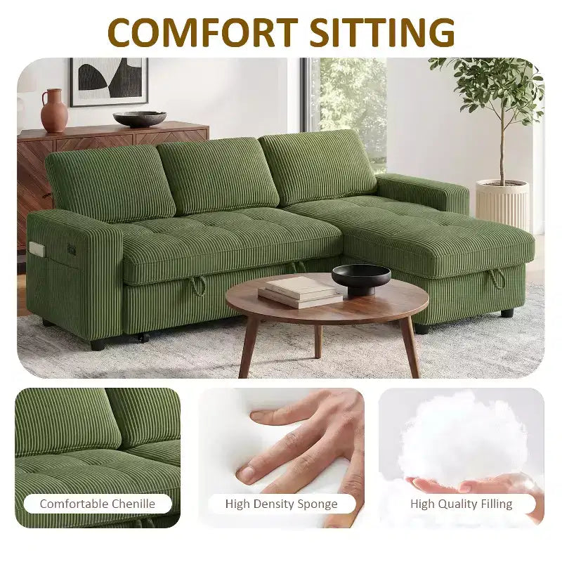 Dyonery Sleeper Sofa Bed, 81 L-Shaped Pull Out Couch Bed with Reversible Storage Chaise/USB Port/Side Pocket/Tool-Free Assembly Corduroy Beige