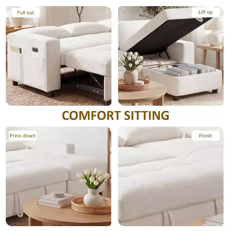 Dyonery Sleeper Sofa Bed, 81 L-Shaped Pull Out Couch Bed with Reversible Storage Chaise/USB Port/Side Pocket/Tool-Free Assembly Corduroy Beige