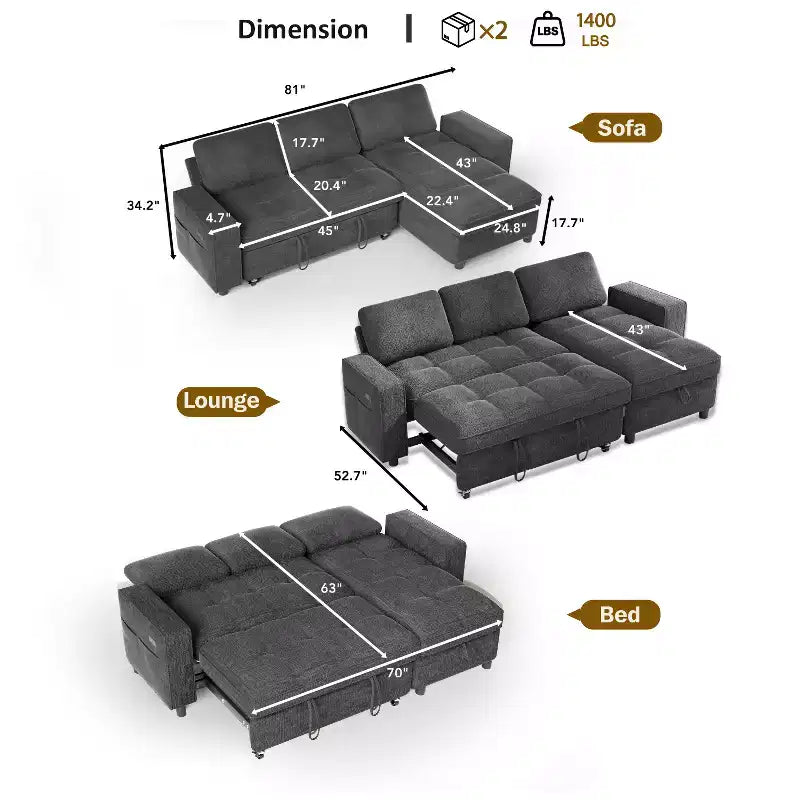 Dyonery Sleeper Sofa Bed, 81 L-Shaped Pull Out Couch Bed with Reversible Storage Chaise/USB Port/Side Pocket/Tool-Free Assembly Corduroy Beige