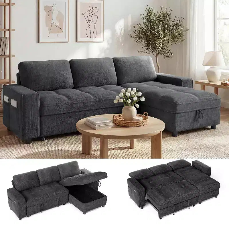 Dyonery Sleeper Sofa Bed, 81 L-Shaped Pull Out Couch Bed with Reversible Storage Chaise/USB Port/Side Pocket/Tool-Free Assembly Corduroy Beige